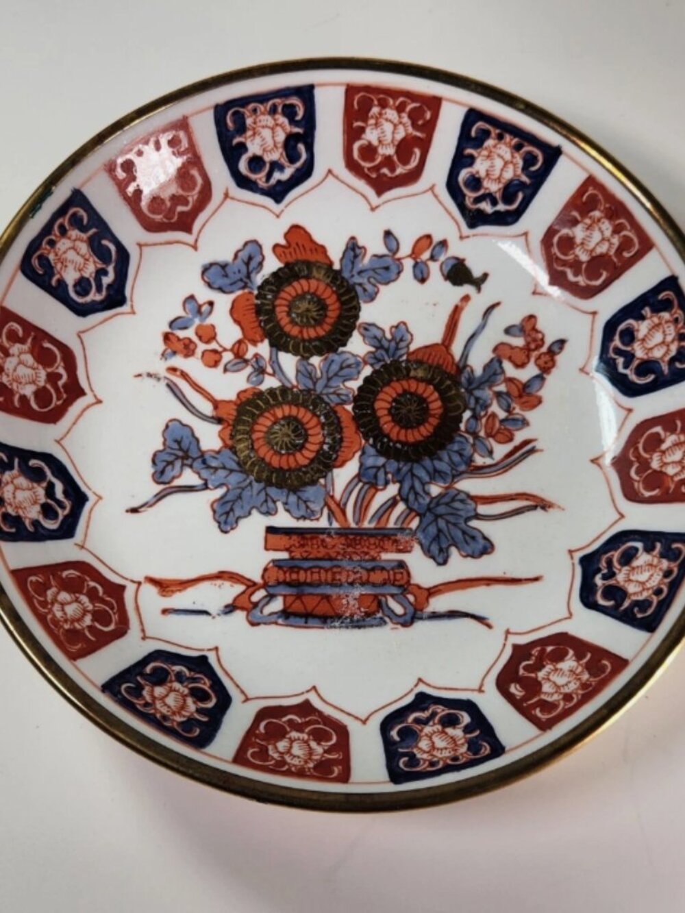 Vintage Chinese Brass Encased Porcelain Wall Hanging Plate Hand Painted Floral